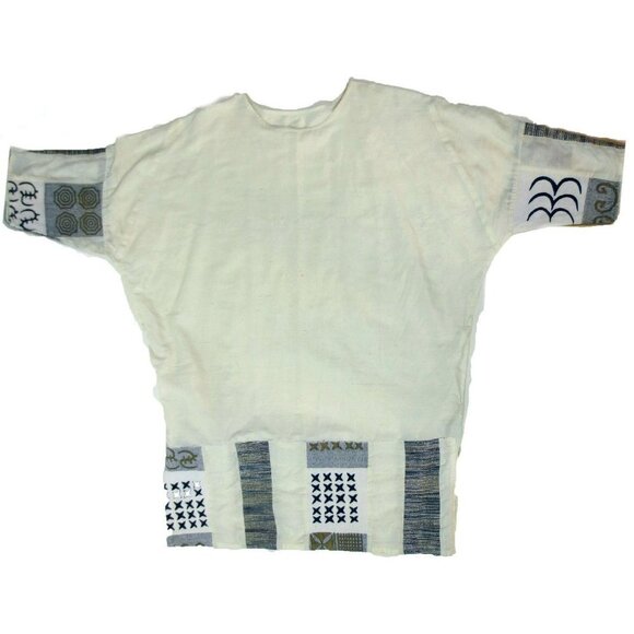 Vintage Boho White Embroidered Raw Silk Kaftan Dress - Picture 7 of 8